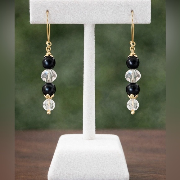 Frontrow.style Jewelry - 𝅺22KT Gold over Sterling Silver Earrings Genuine Black Onyx Crystal Modern Chic